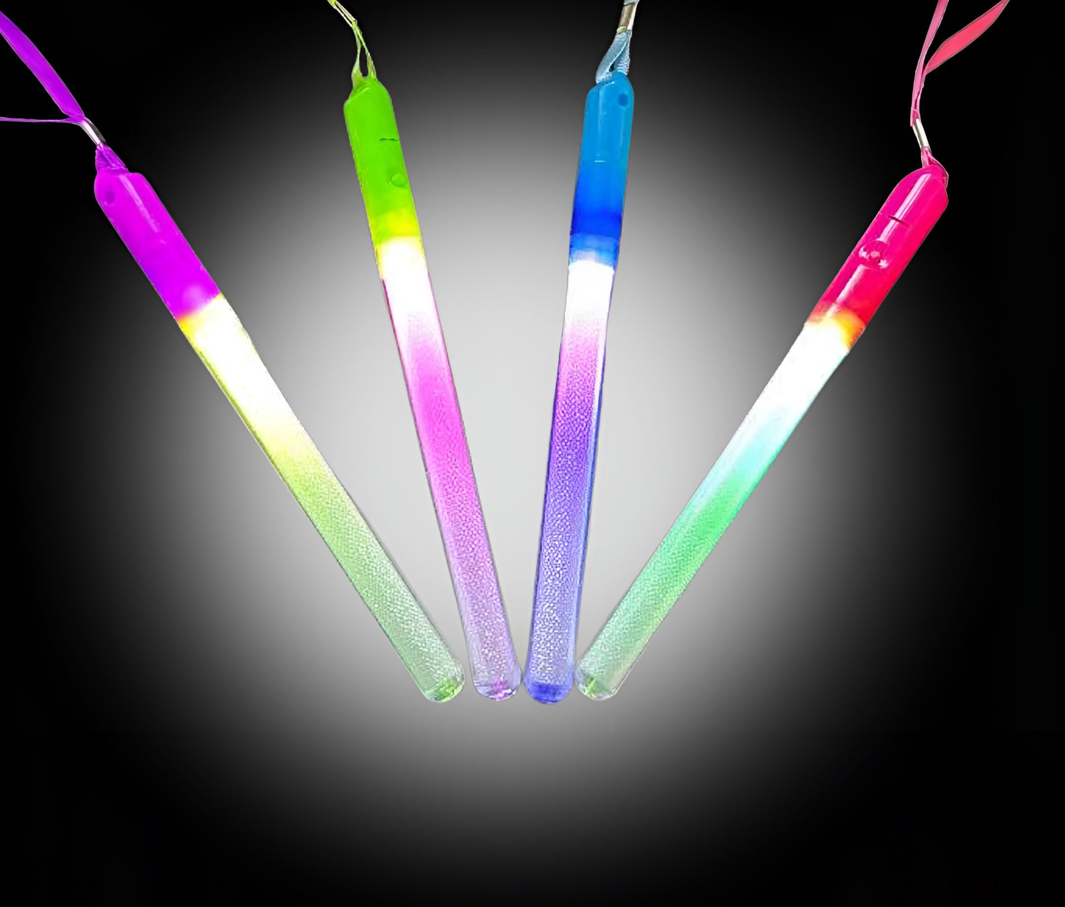 Navoys Pack of 4 Light Up Mini Glitter Flash Sticks - Button Activated Glow Sticks, 3 Flashing Modes, Includes Carry Strap Glow in the Dark Magical Wand, Assorted Colours
