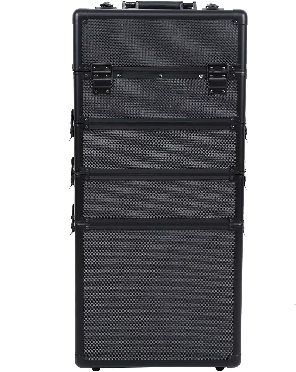 MuGuang 4 in 1 Universal Large Aluminium Beauty Case Make up Cosmetic Rolling Case Trolley Trunk Vanity Professional Portable Travel Organizer Box (All Black)