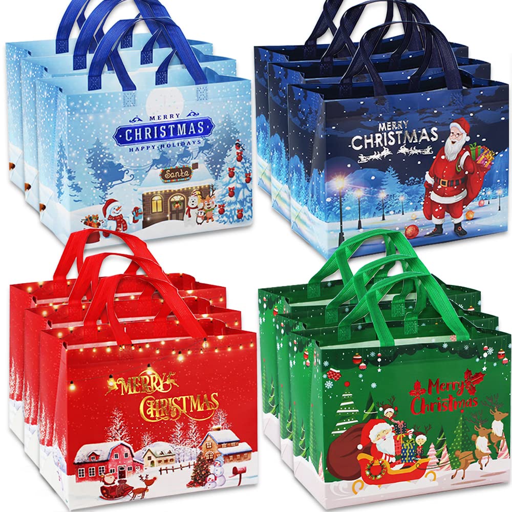 Volsha 12 Pack Christmas Bags, Reusable Grocery Bag Tote Bag Gift with Handle Gift Present Bag Shopping Bag for Holiday Xmas Event Party