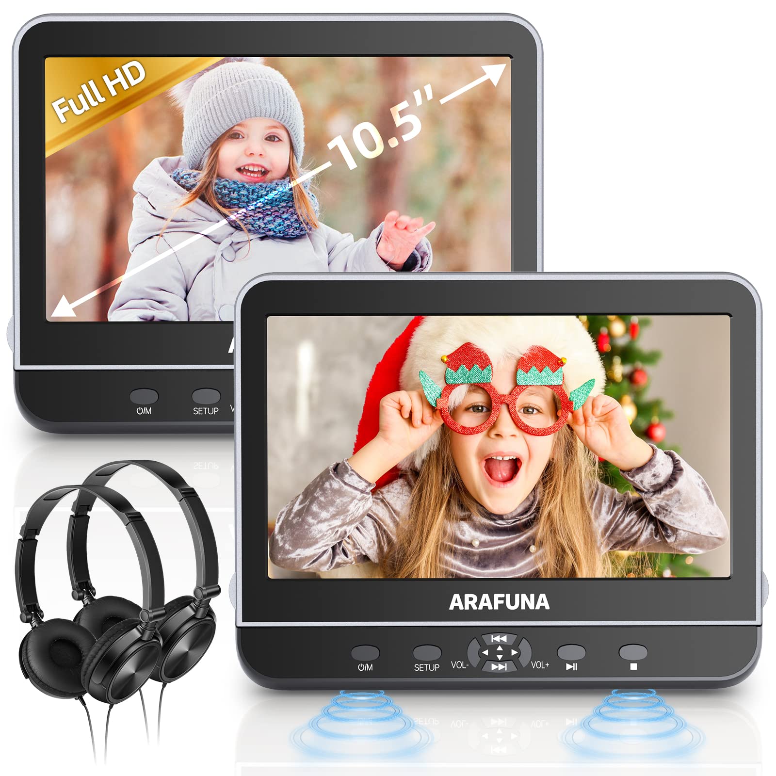 Photo 1 of ARAFUNA 10.5" Portable DVD Player for Car with 1080P Full HD HDMI Input, Car DVD Player Dual Screen with Mounting Bracket, Headrest DVD Player Support Last Memory, USB/SD Card