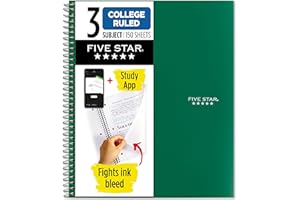 Five Star Spiral Notebook + Study App, 3 Subject, College Ruled Paper, Fights Ink Bleed, Water Resistant Cover, 8-1/2" x 11", 150 Sheets, Green (72067)