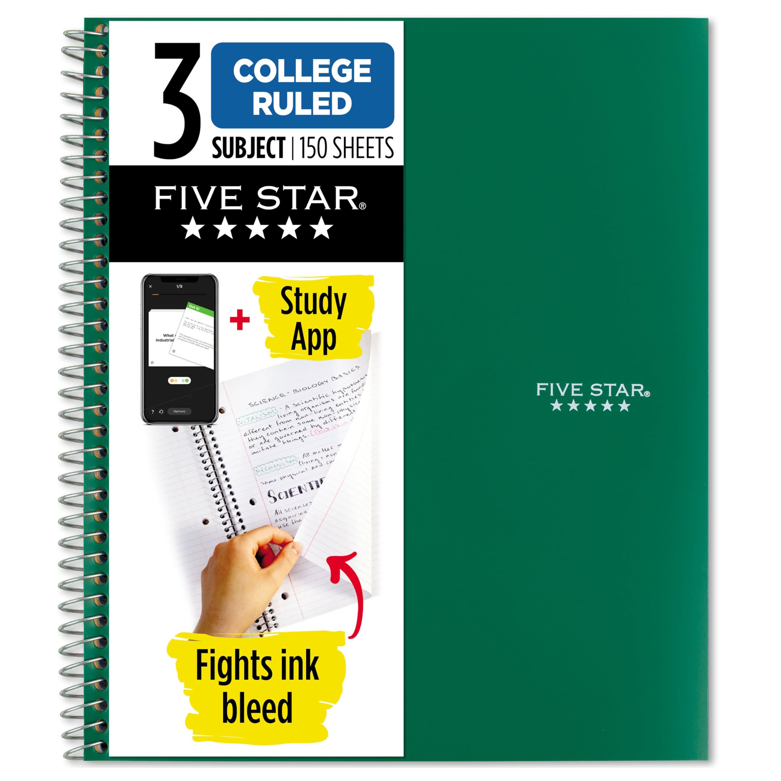 Five Star Spiral Notebook + Study App, 3 Subject, College Ruled Paper, Fights Ink Bleed, Water Resistant Cover, 8-1/2" x 11", 150 Sheets, Green (72067) — image 1
