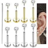 Incaton 18G Hypoallergenic Flat Back Stud Earrings, 316L Surgical Steel Internal Thread CZ Stud for Helix Tragus Cartilage Conch Nose Lip Rings Labret Piercing Jewelry For Women Gold/Silver Pack