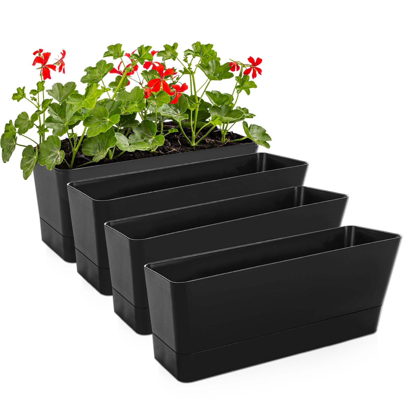 APACALI 4 Pack Rectangular Plant Pots, 30.5 x 9.7cm Window Box Planter with Tray, Garden Troughs Planters with Drainage Holes, Flower Pots Outdoor for Balcony, Office, Garden, Windowsill, Black