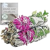 Ancient Veda Floral White Sage Organic Smudge Sticks with Flowers 3 Pack for Cleansing Home, Meditation, Yoga, Healing and Smudging | Sustainably Sourced California White Sage Bundles (Dahlia)