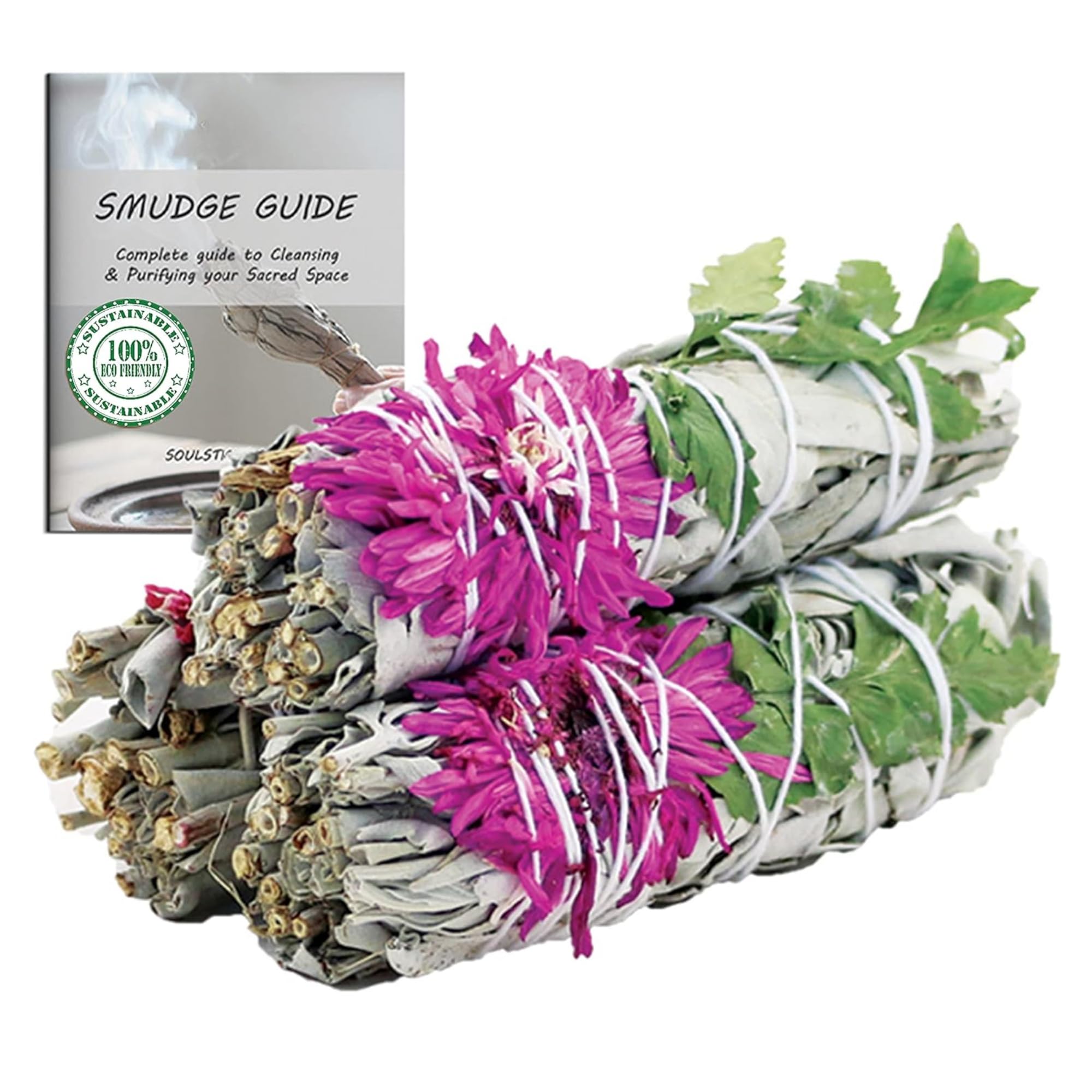 Photo 1 of Ancient Veda Floral White Sage Organic Smudge Sticks with Flowers 3 Pack for Cleansing Home, Meditation, Yoga, Healing and Smudging | Sustainably Sourced California White Sage Bundles (Dahlia)