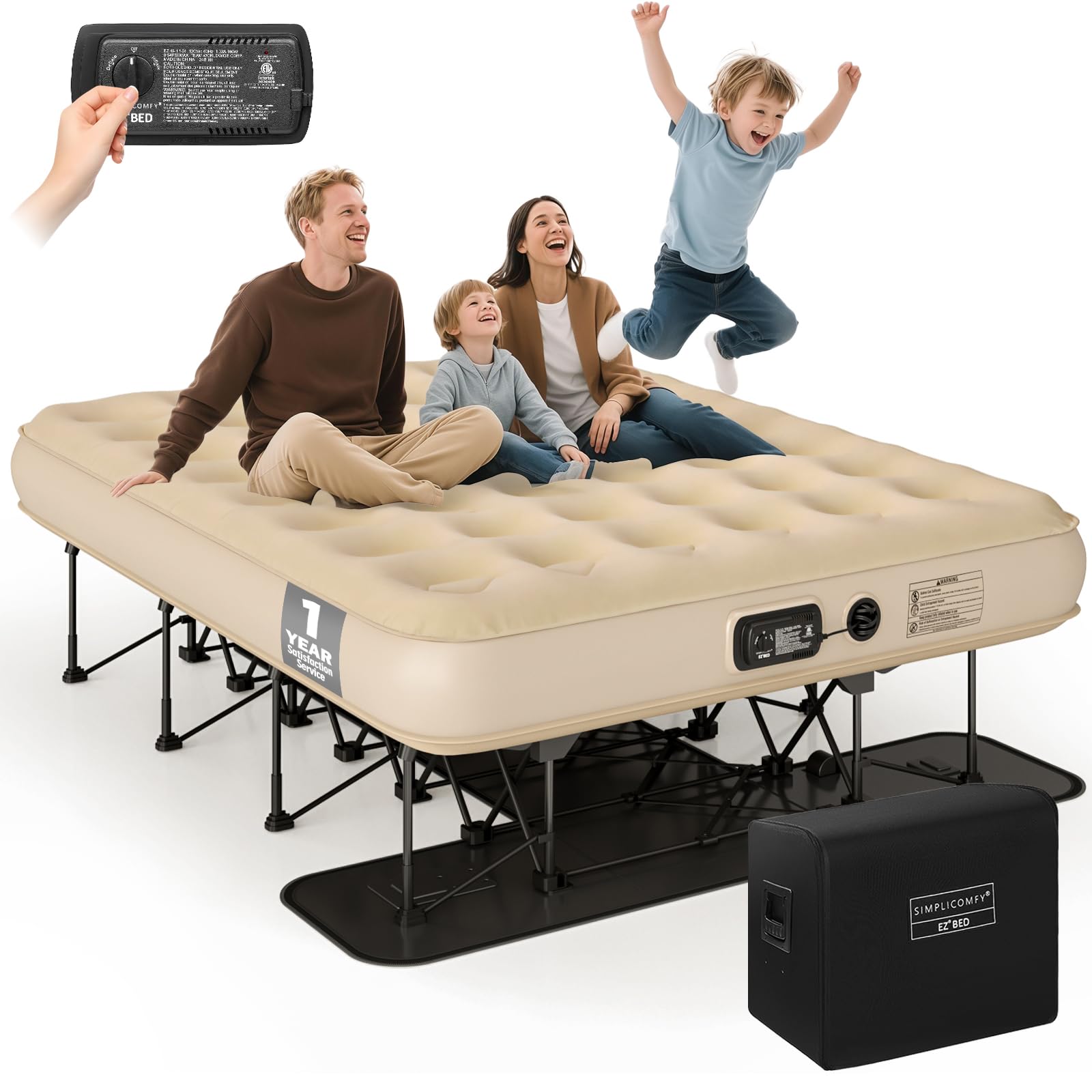 Photo 1 of Simpli Comfy Queen EZ Bed Self-Inflating Air Mattress with Built-in Frame, Pump and Wheeled Case, Blow Up Inflatable Rolling Air Bed on Wheels