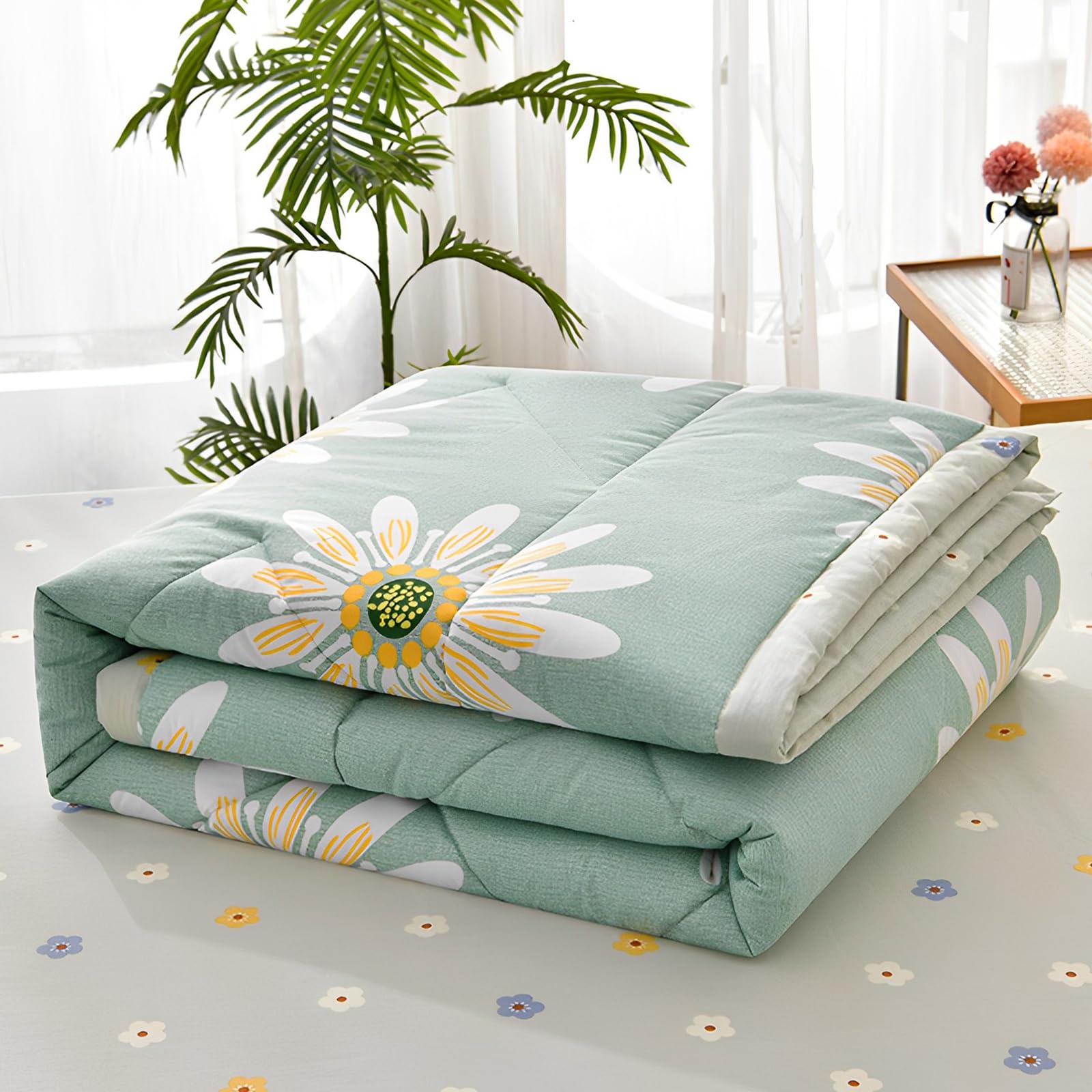 Chickwin Quilted Bedspread for Single Double Size, 180x200cm Green Daisy Floral Printed Pattern Bedding Coverlets Lightweight Summer Bed Throws Comforter Soft Luxury Sofa Blanket for All Season