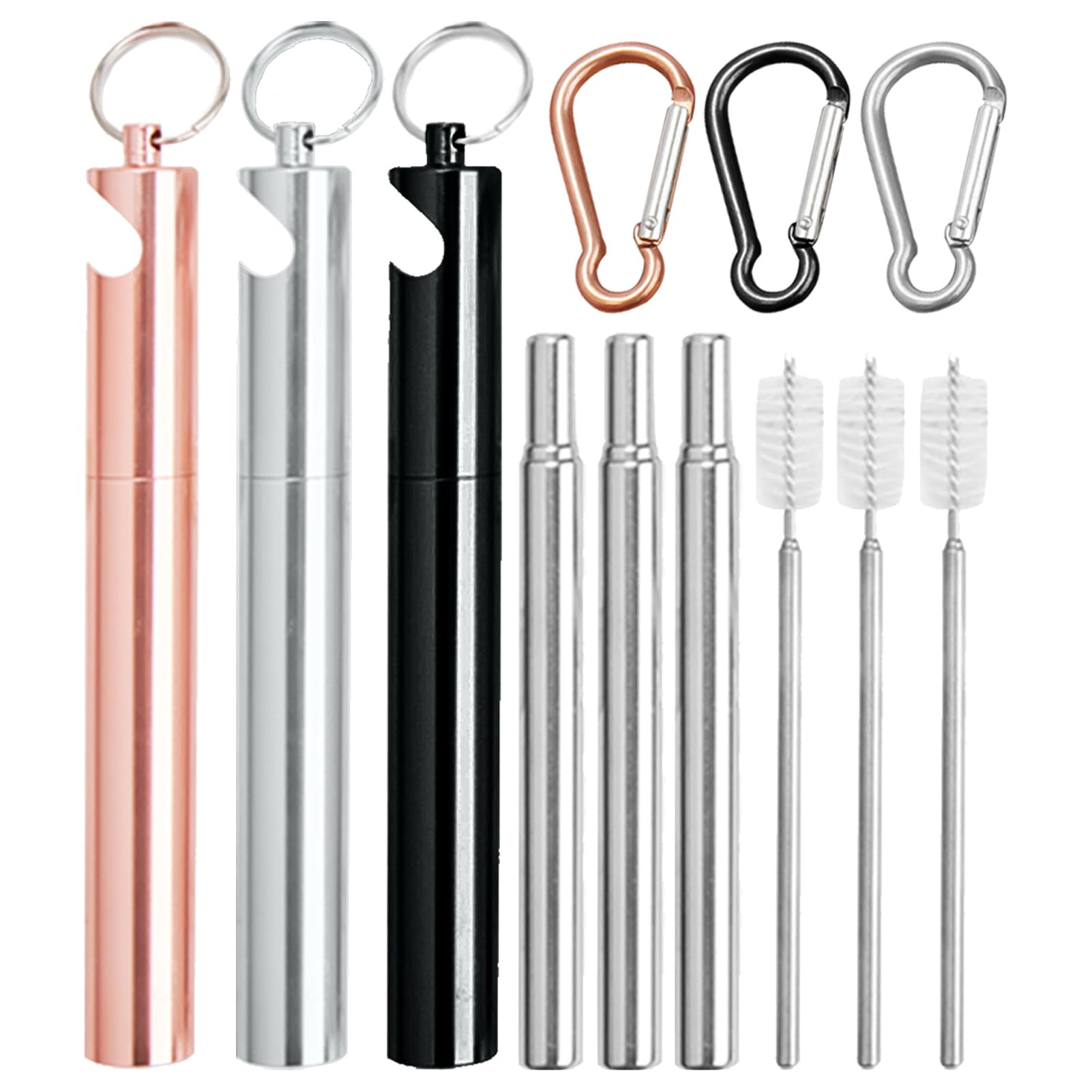 3 Set Collapsible Metal Straws with Case, Stainless Steel Telescopic Straw Reusable Drinking Straw with 3 Telescopic Cleaning Brush and Key Ring and Beer Opener Function for Travel, Home, Work