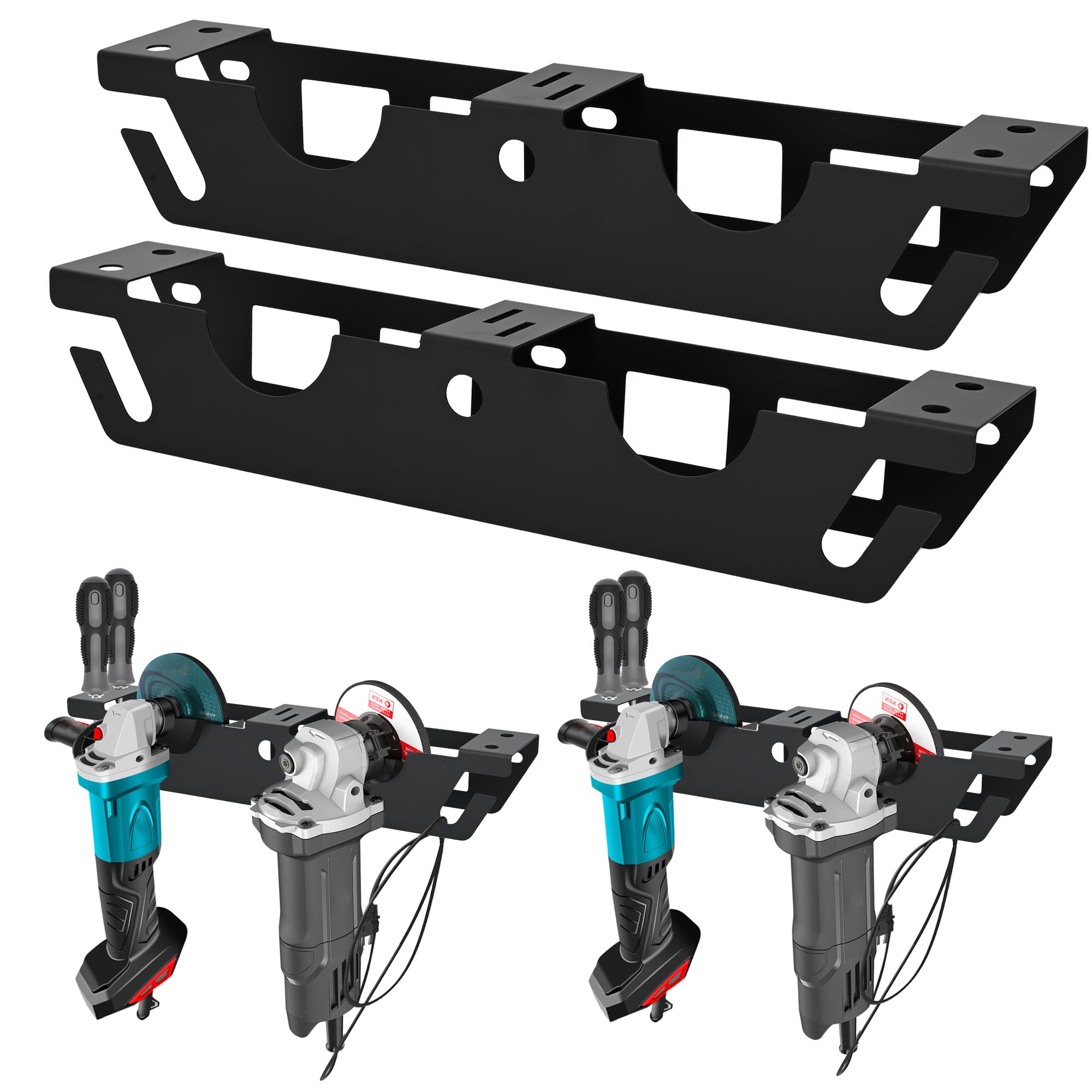 ohbien 2 Pack Angle Grinder Holder Bracket, Angle Grinder Storage Rack with Cord Hanger and 4 Wrench Holes Wall Mount Bracket Carbon Steel for Cutters Polishers Screwdriver Wrenches