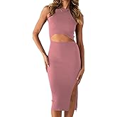 PRETTYGARDEN Women's Summer Midi Bodycon Dresses Casual Crew Neck Side Slit Sleeveless Knit Cut Out Tank Top Dress
