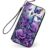 LYHXLYJH Women's Wallets,PU Leather Wristlet Wallet for Women,Card Holder Organizer Ladies Clutch with Zipper & Phone Holder-Purple Rose Butterflies