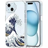 MOSNOVO Case for iPhone 15, [Buffertech 6.6ft Military-Grade Drop Protection] [Anti Peel Off Tech] Clear TPU Bumper Phone Case Cover Design - Great Wave