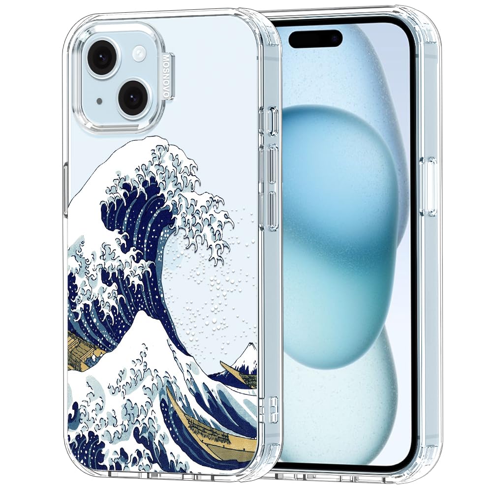 MOSNOVO Case for iPhone 15, [Buffertech 6.6ft Military-Grade Drop Protection] [Anti Peel Off Tech] Clear TPU Bumper Phone Case Cover Design - Great Wave — image 1
