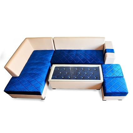 pharneechar Velvet Mirandi L-Shaped Corner Sofa Set (Blue and Beige)