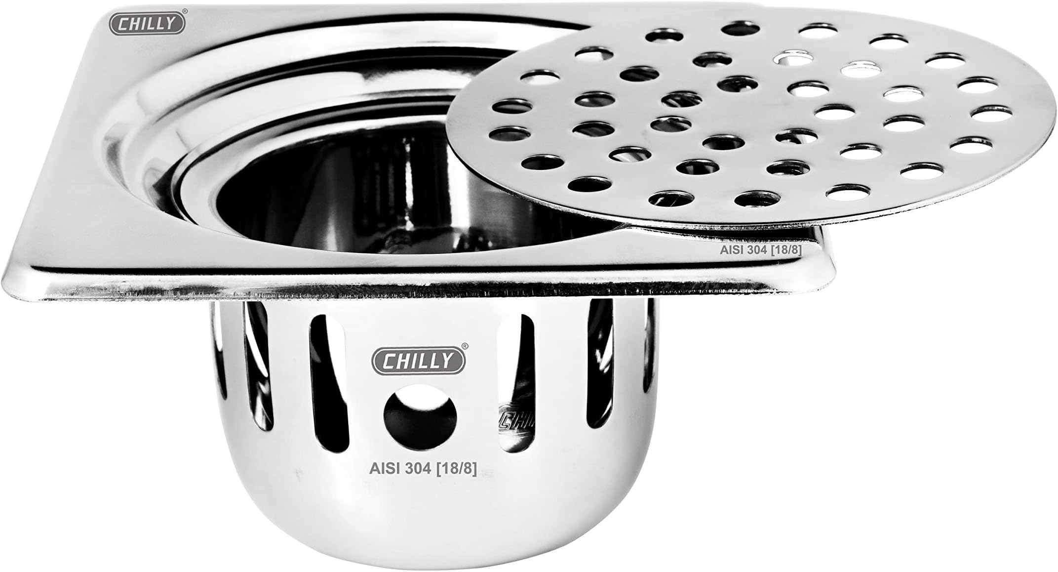 CHILLY Cockroach Trap, Square Stainless Steel AISI 304 (18/8) Floor Drain Cover/Jali/Grating (Glossy Finish) - CCT-S-129-GF