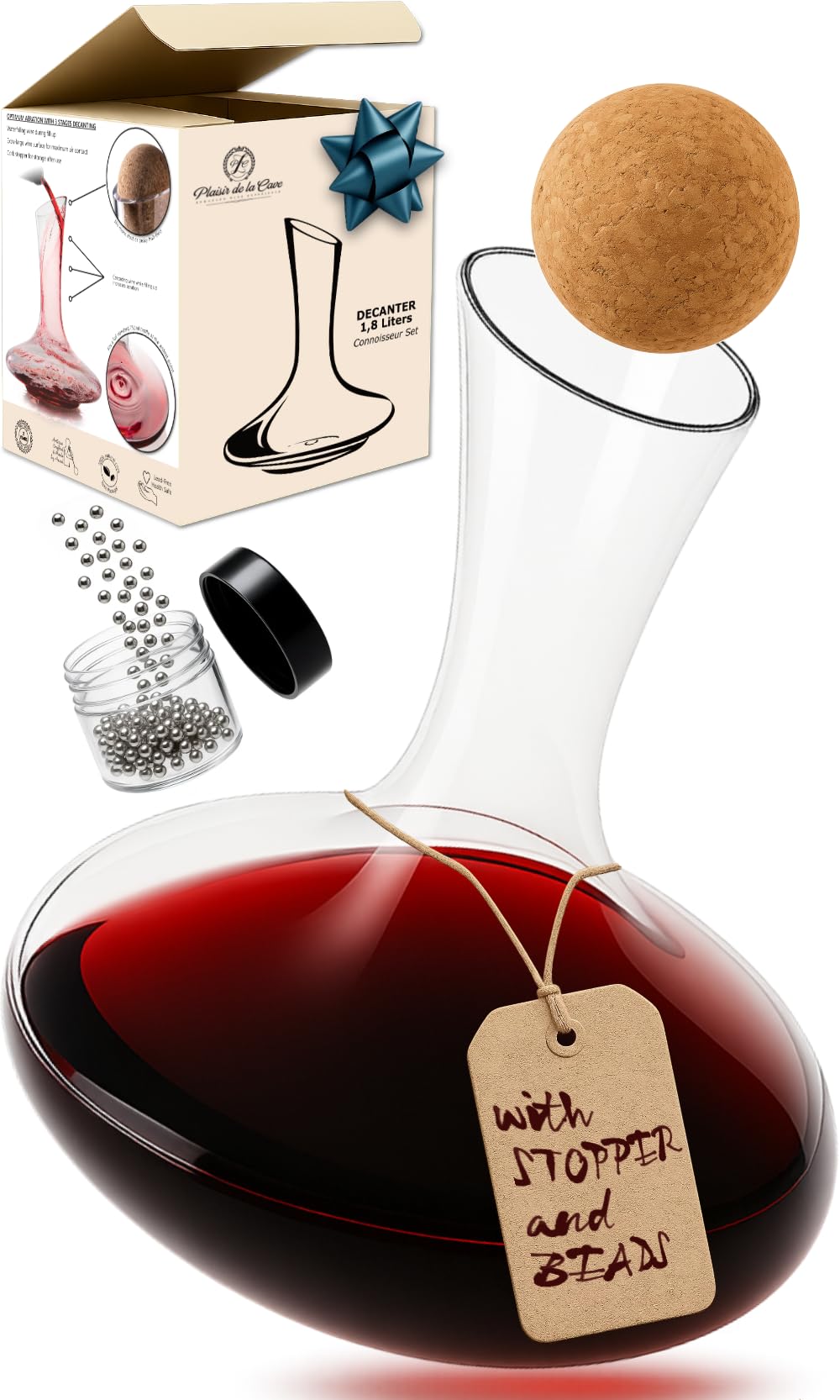 Wine Decanter & Accessories (Cork Stopper + Cleaning Beads) - 100% Lead-Free Crystal Wine Carafe – Unique Gift Idea