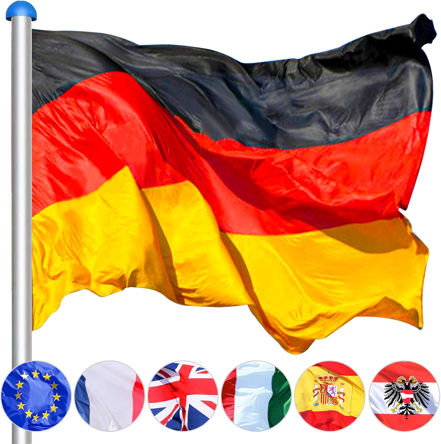 Hengda Aluminium Fahnenmast Stabil 6,5m + 150 * 90cm Deutschlandfahne,witterungsbeständigem Flaggenmast höhenverstellbar für draussen