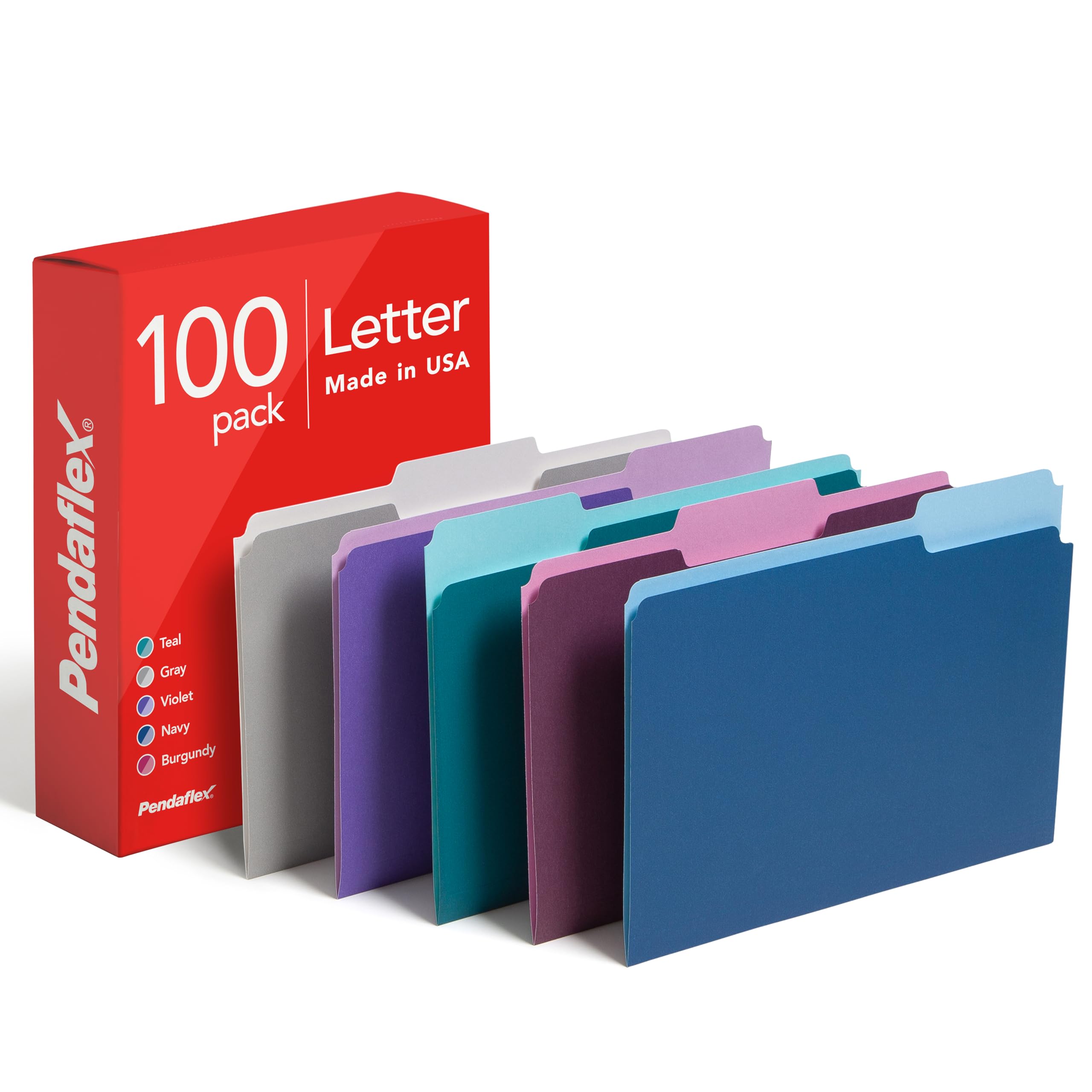 Pendaflex Two Tone Color File Folders, Letter Size, Assorted Colors (Teal, Violet, Gray, Navy and Burgundy), 1/3-Cut Tabs, 5 Color, 100/Box, (02315)