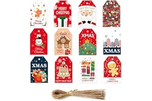 48Pcs Christmas Gift Tags with String, Wishes Labels Holiday Season Gift and Favor Tags for Seasonal Favors Xmas Parties and 