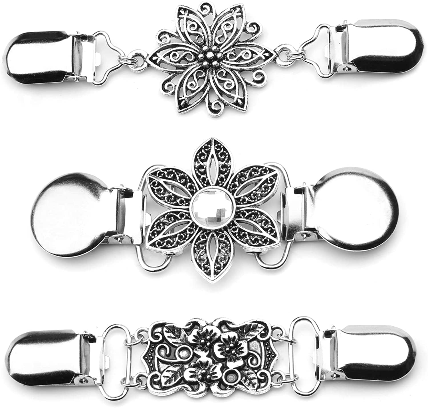 Ysimple 3 Pcs Retro Metal Scarf Shirt Brooch Dress Clips for Women, Vintage Sweater Clips with Flowers Rhinestone