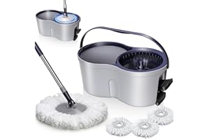 Almcmy Spin Mop and Bucket Set, Mop Bucket with Foot Pedal Wringer System, 3 Reusable Mop Refills, 130cm Long Handle, Easy Wr