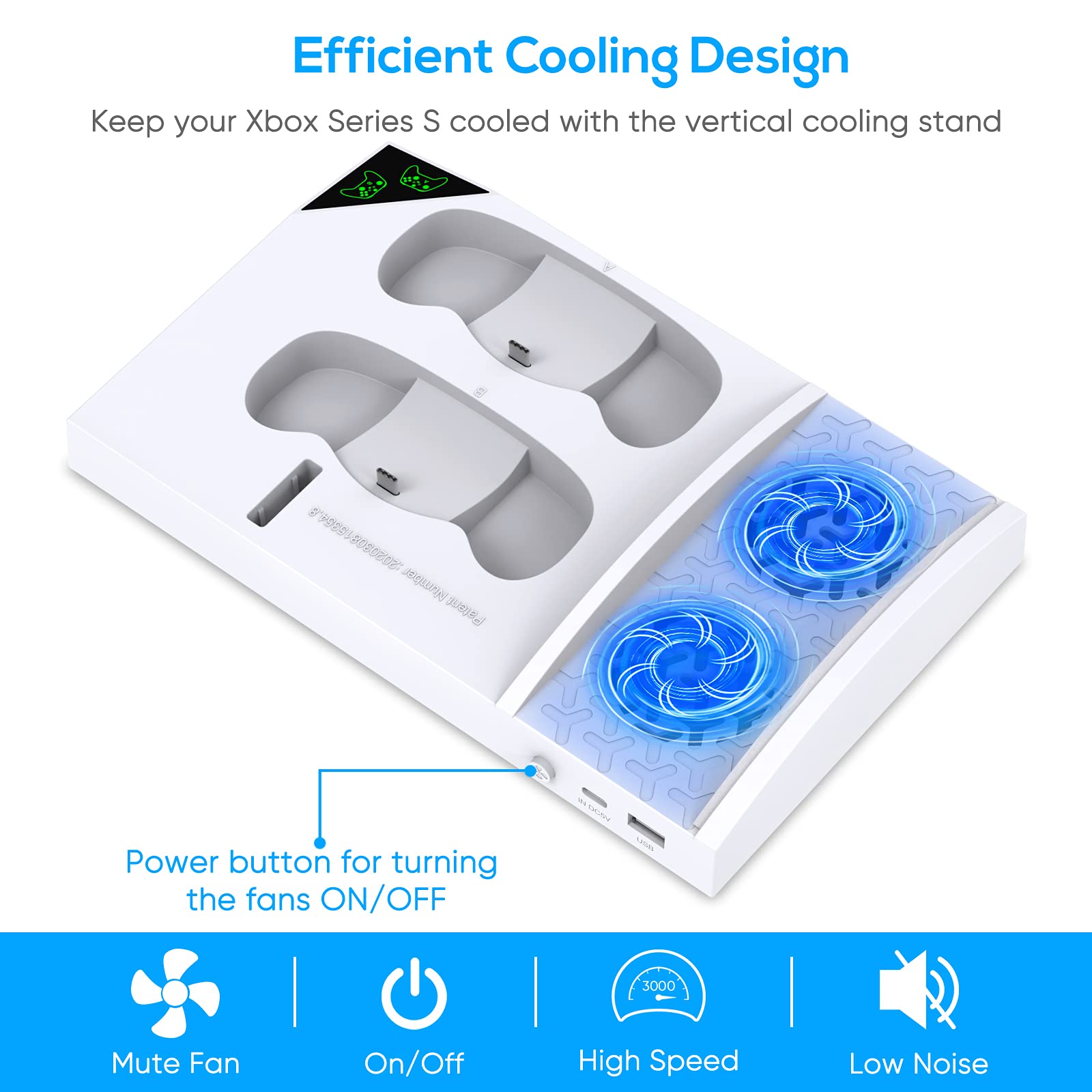 Upgraded Vertical Cooling Fan Stand for Xbox Series S, Cooler Fan System Dual Controller Charging Dock Station with 2 x 1400mAh Rechargeable Battery Pack, Headphone Bracket for Xbox Series S (White)