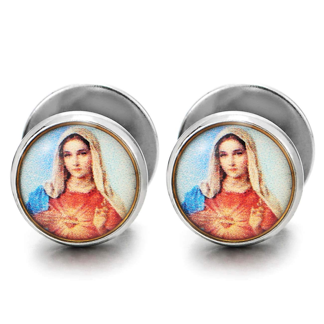 10MM Virgin Mary Image Circle Stud Earrings Men Women, Steel Cheater Fake Ear Plugs Gauges Tunnel
