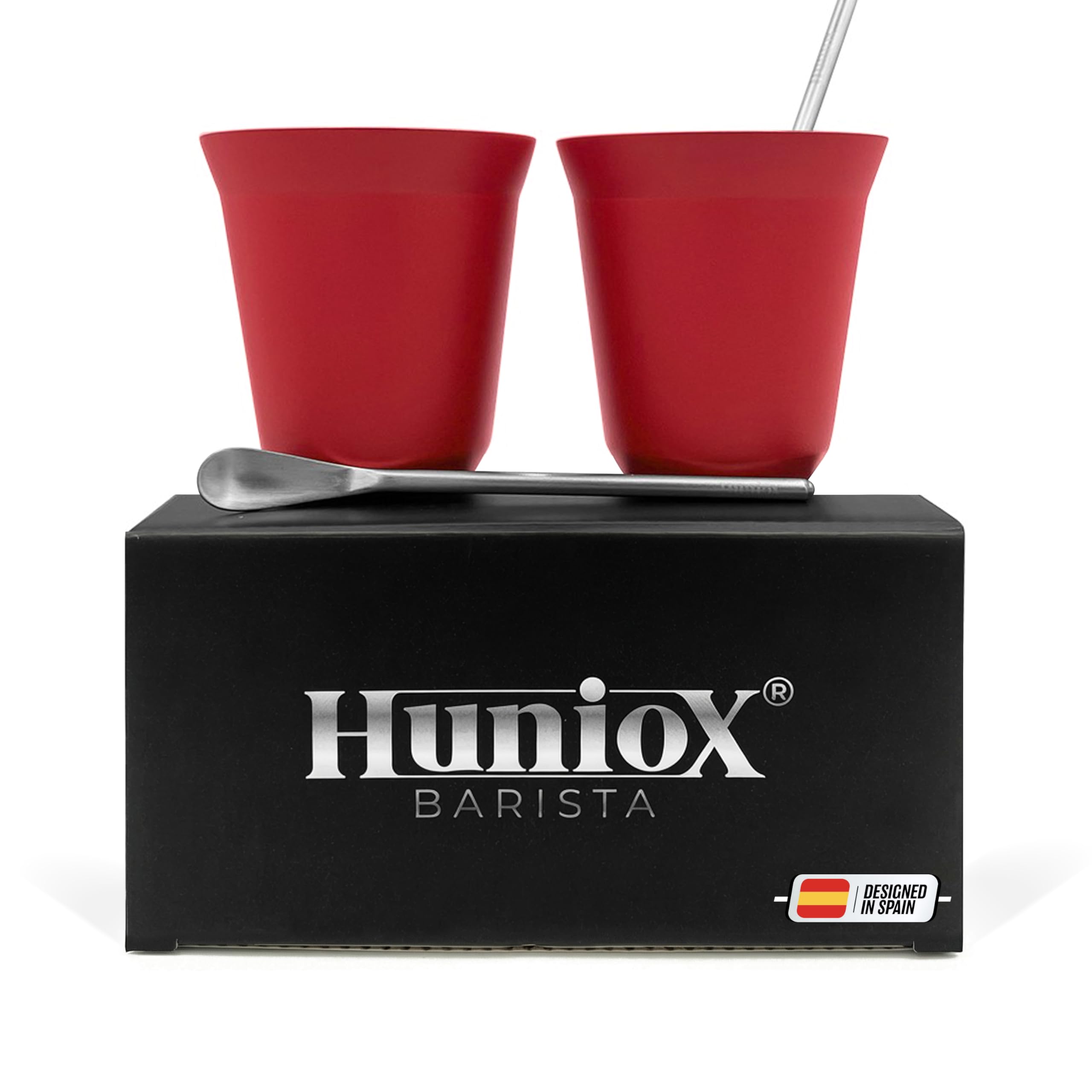 Huniox® 2 X 160 Ml | Hot Chocolate Cups – Cortado Cup – Metal Coffee Cup – Coffee Mugs Set of 2 – Black Cups | Includes 2 Design Spoons (Ruby, 160 Ml)
