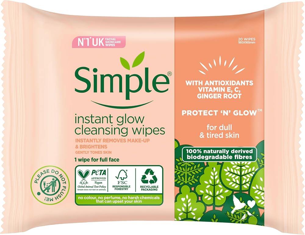 Simple Protect N Glow Instant Glow Biodegradable Wipes Sensitive Skin 20pk