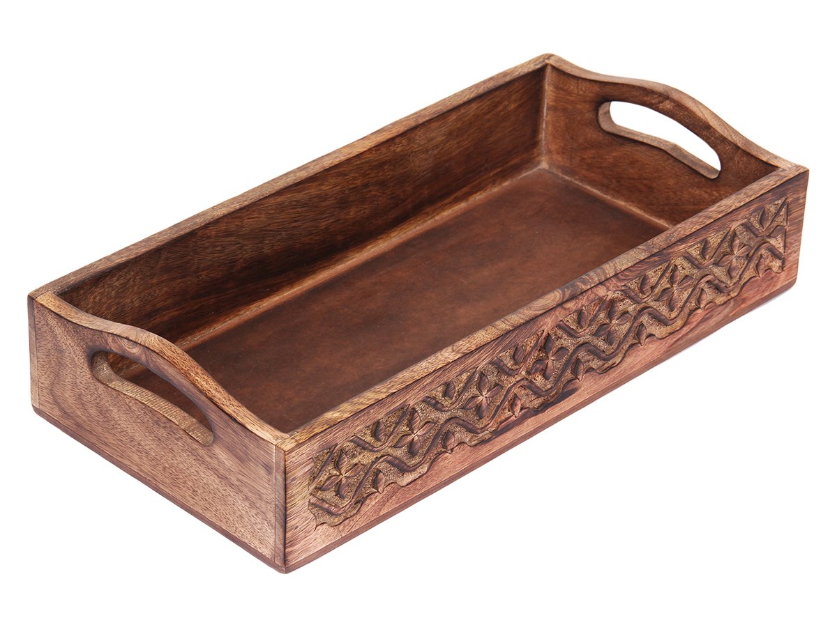 Store Indya Rustic Large Wooden Serving Tray Platter for Tea Snack Dessert with Handle Kitchen Dining Serveware (14 x 10 inches) by Store Indya