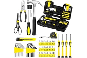 GETFOO 58-Piece Tool Kit Basic Home Repair Tool Set, General Household Hand Tool Kit,Small Tool Kit with Plastic Toolbox Mini Tool kit for Women, Office & College Repairs Yellow