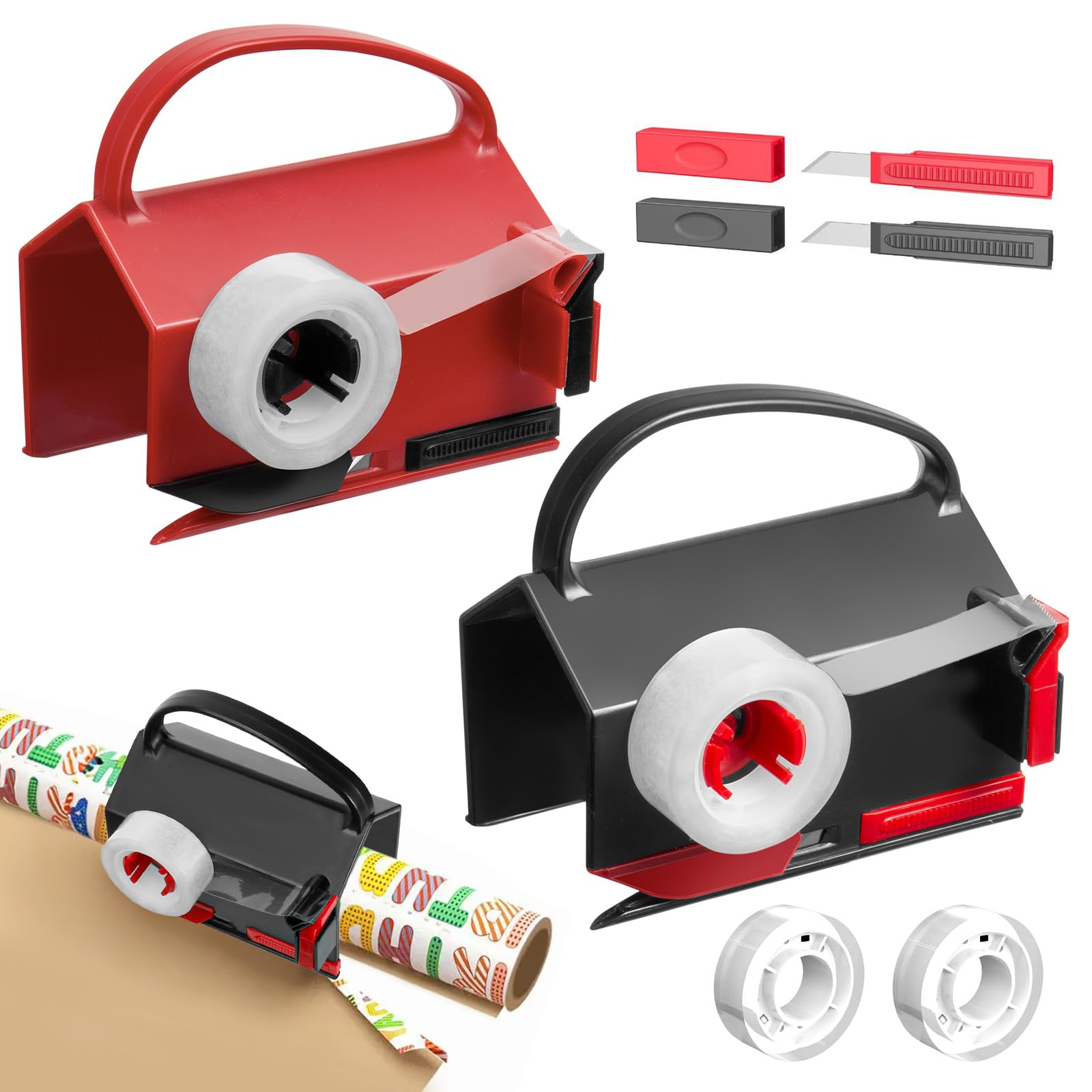 Photo 1 of 2 Pack Wrapping Paper Cutter with 2 Replaceable Blades & 4 Tapes, Christmas Gift Wrapping Paper Roll Cutter Tool Tube Holder Slidding Slicing for Birthday Holiday (2PCS Cutters)