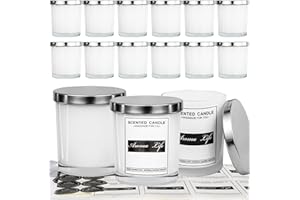 Creahaus 10oz, 16 Pack Thick Candle Jars with Metal Lids for Making Candles, Bulk Inner White Empty Glass Candle Containers & Sticky Labels, Warming Labels Kit, Heat Resistant Candle Vessels