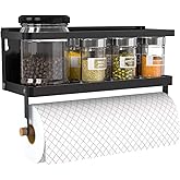 Hoopoton Magnetic Paper Towel Holder, 2-in-1 Magnetic Spice Rack with Hooks,Wall Mount Shelf Towel Rack for Refrigerator (Black, With hook)