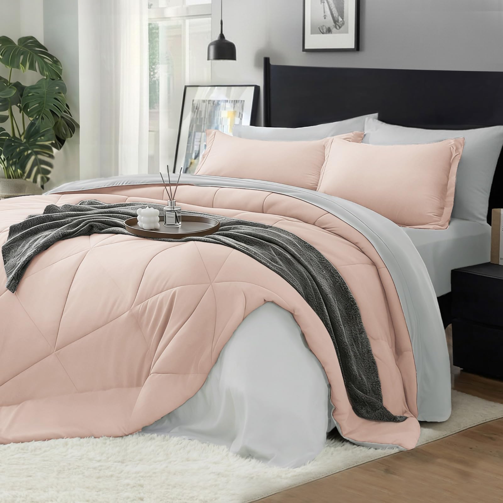 BEDELITE Twin XL Comforter Set 5 Pieces Bed in A Bag - Soft Microfiber Reversible Twin Extra Long Dusty Pink Bed Set with Comforters, Sheets, Pillowcase & Sham, Cozy Bedding Sets for College Dorm Room Image