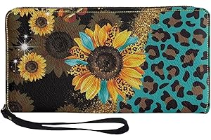 Coldinair Leopard Sunflower Print Wallets for Women PU Leather Credit Card Holder with RFID Blocking Waterproof Large Capacity Wristlet Handbag