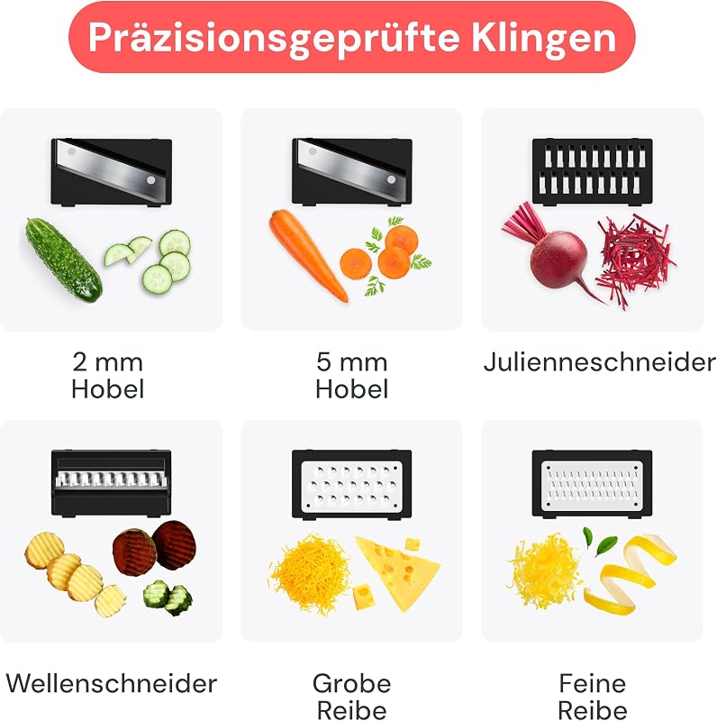 Pro - 6-in-1 Mandoline Gemüsehobel, Julienneschneider und Reibe