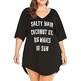 IN'VOLAND Women Plus Size Swimwear Baggy T-Shirts V Neck Letters Print Swimwear Bikini Beach Cover up