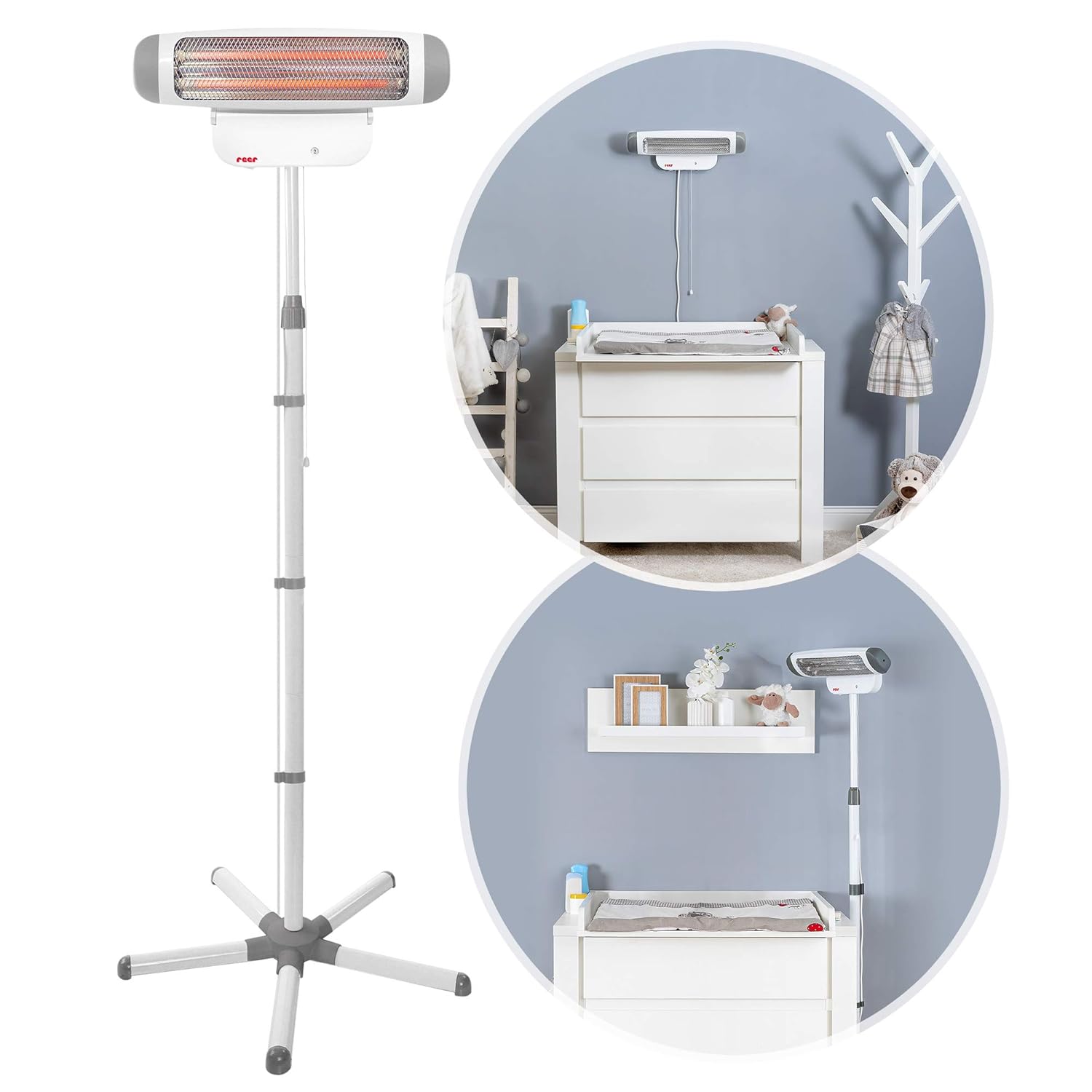 reer Wickeltischstrahler FeelWell 2in1, Standheizstrahler und Wandmontage, 2 Heizstufen, Timer, Kippsicherung, geprüft nach Medizinstandard