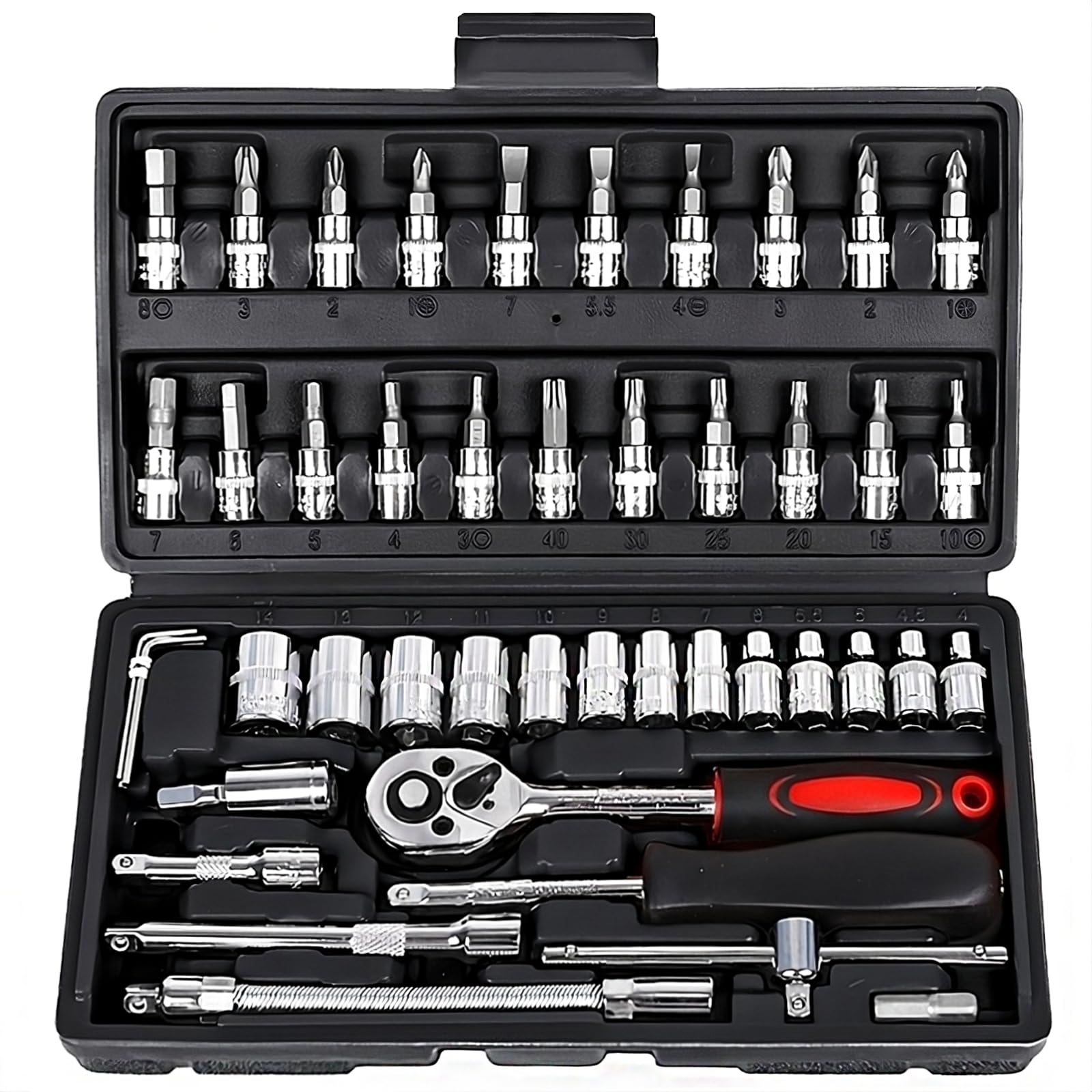 Socket Set 46 Piece 1/4 Inch Tool Sets Ratchet Set for DIY Enthusiasts Car Tools & Equipment Small Socket Set Extension Bars for Household Car Bike Motorbikes Repair