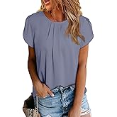 Dokotoo Women's Casual Round Neck Basic Pleated Tops Short Sleeve Loose Fit Curved Back Chiffon Blouses Tshirts