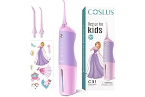 COSLUS C31 Kids Water Teeth Flosser: Portable Deep Cleaning Picks 4 Modes for Ages 6+, IPX7 Waterproof Rechargeable with 2 Je