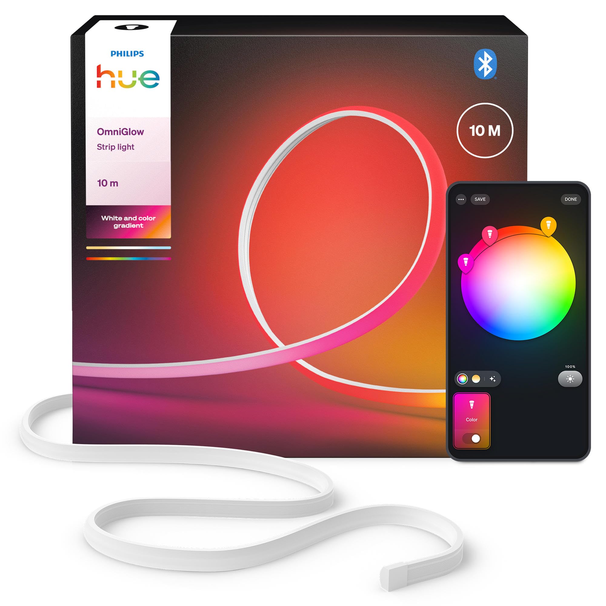 Philips Hue OmniGlow 10m Mikro LED-Lightstrip, 2700 lm Lichtband, farbige LED Streifen für Ambiente, Flexible indirekte Beleuchtung, Gleichmäßiges Licht, Zuschneidbar, App- und Sprachsteuerung