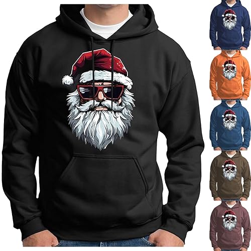 Men'S Christmas Hoodie Santa Printed Graphic Pullover Ugly Funny Xmas Long Sleeve Hoodies Crewneck Sweatshirts Couples Party Novelty Claus Cool Winter Sweater Hooded Jumper With Pockge Black M