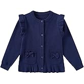 Girls Cardigan Sweater School Uniforms Button Crewneck Cute Ruffle Long Sleeve with Pockets Bowknot Knit Tops