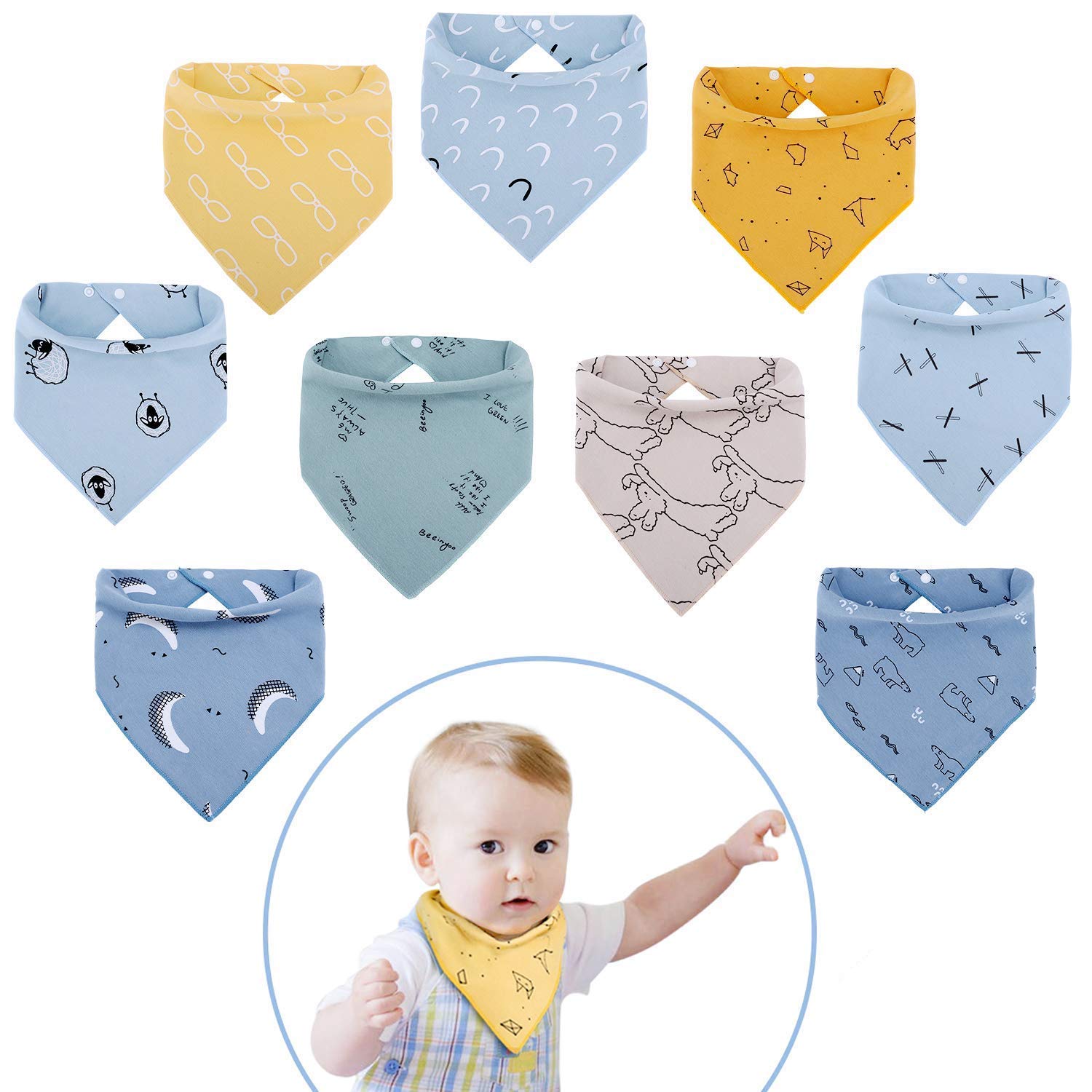 Viedouce Baby Bibs 9 packs,Dribble for Boys Girls, Drooling Teething,Cotton Bandana with Adjustable Snaps,Super Soft and Absorbent