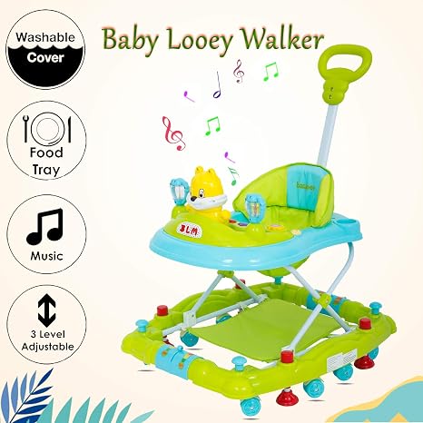 Baybee Looey Baby Walker Cum Rocker - Round Kids Walker for Babies Cycle with Music & Light Rattles and Toys Ultra Soft Seat, Push Bar Activity Walker for Kid and Wheel 6 Months to 2 Years-Green