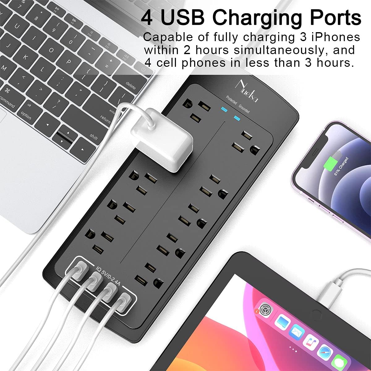 Power Strip , Nuetsa Surge Protector with 10 Outlets and 4 USB Ports, 6 Feet Extension Cord (1875W/15A) for for Home, Office, Dorm Essentials, 2700 Joules, ETL Listed (Black): Electronics