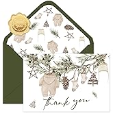 Whaline 50 Pack Winter Baby Shower Thank You Cards Bulk Boxed Christmas Blank Note Cards with Envelope Stickers Winter Pine Cone Branch Baby Cloth Greeting Card for Birthday Boys